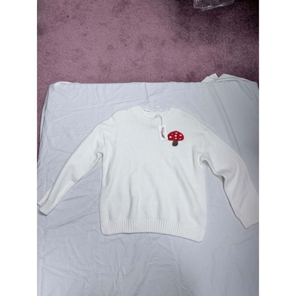 Jessica Simpson White Mushroom Patch Crewneck Sweater Cotton Blend ST379V2 Small